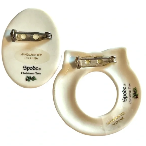 Two Spode Christmas Brooches Tree Brooch Wreath Brooch Lot Bundle - Picture 6 of 7